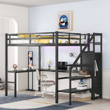 Full Size Loft Bed with L-shaped Desk and USB, Wardrobe and Adjustable Shelf,LED