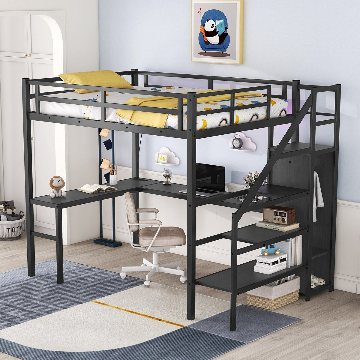 Full Size Loft Bed with L-shaped Desk and USB, Wardrobe and Adjustable Shelf,LED