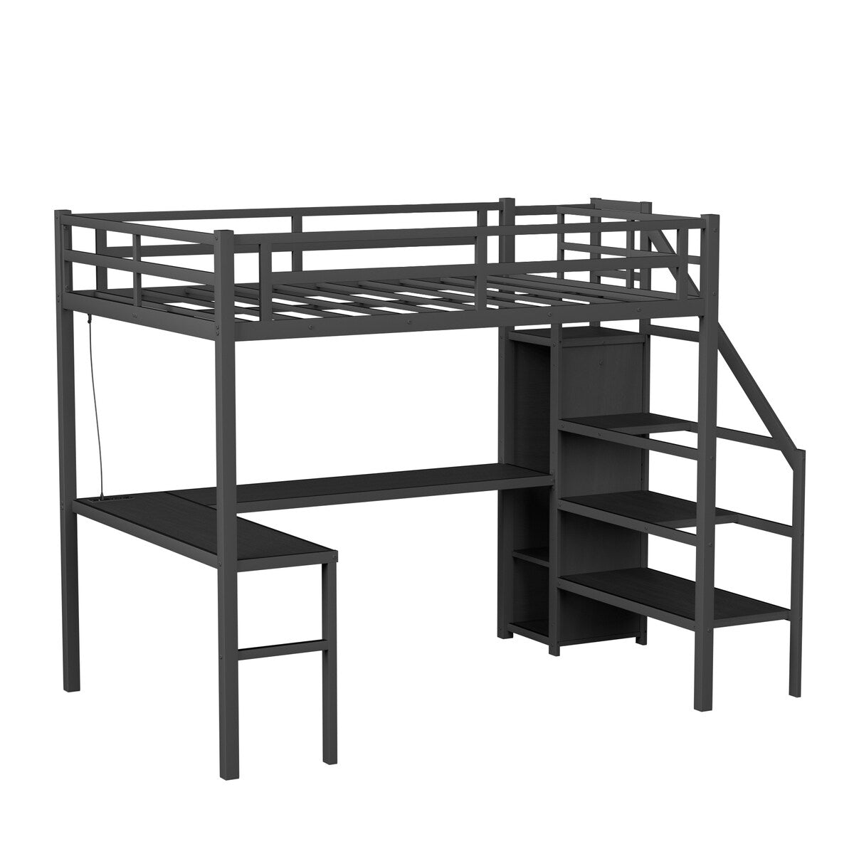 Full Size Loft Bed with L-shaped Desk and USB, Wardrobe and Adjustable Shelf,LED