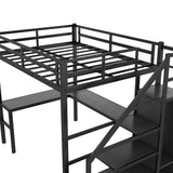 Full Size Loft Bed with L-shaped Desk and USB, Wardrobe and Adjustable Shelf,LED