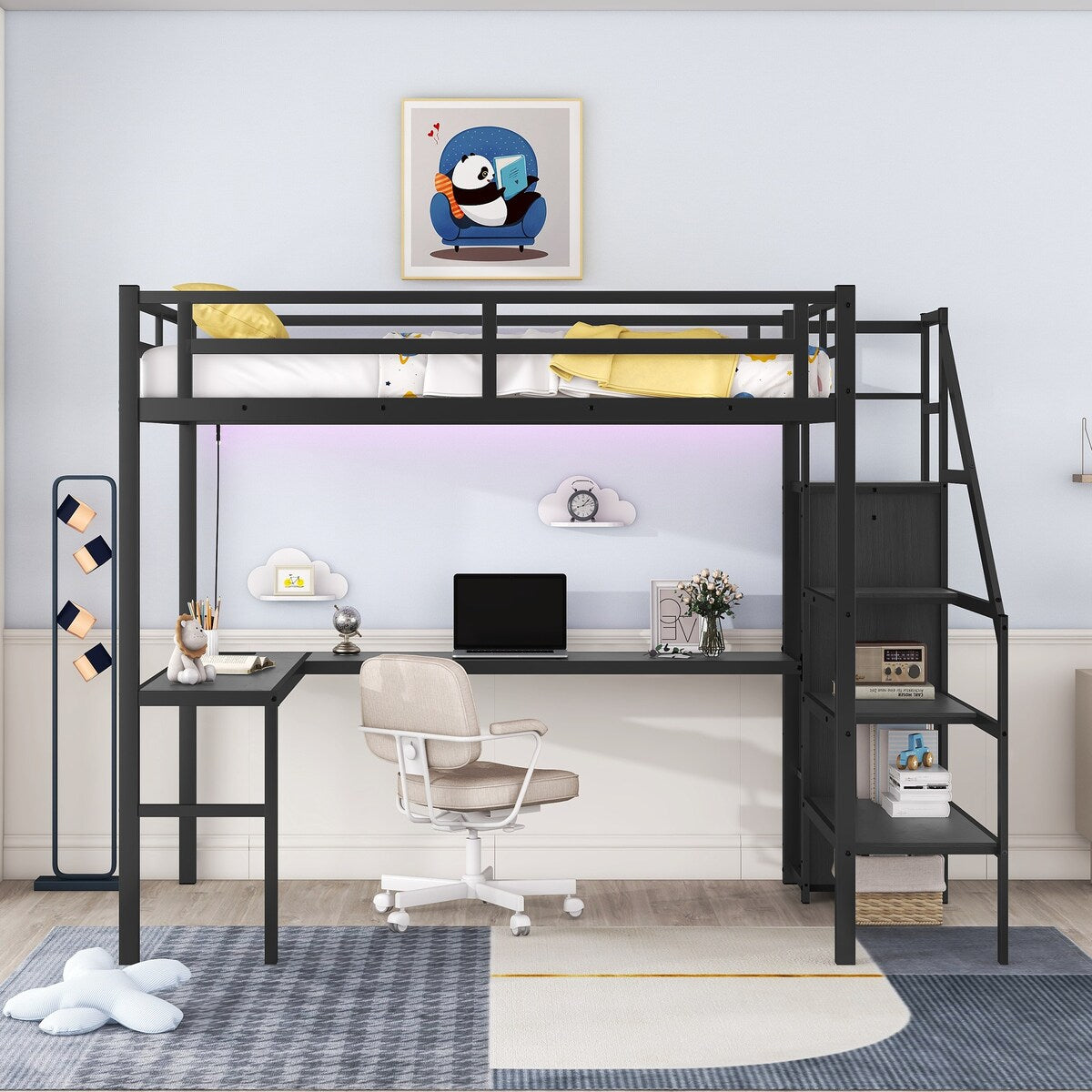 Full Size Loft Bed with L-shaped Desk and USB, Wardrobe and Adjustable Shelf,LED