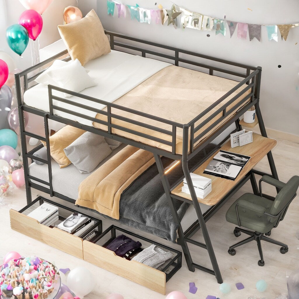 Full Size Metal Bunk Bed with Built-in Desk, Light and 2 Drawers, Black