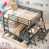 Full Size Metal Bunk Bed with Built-in Desk, Light and 2 Drawers, Black