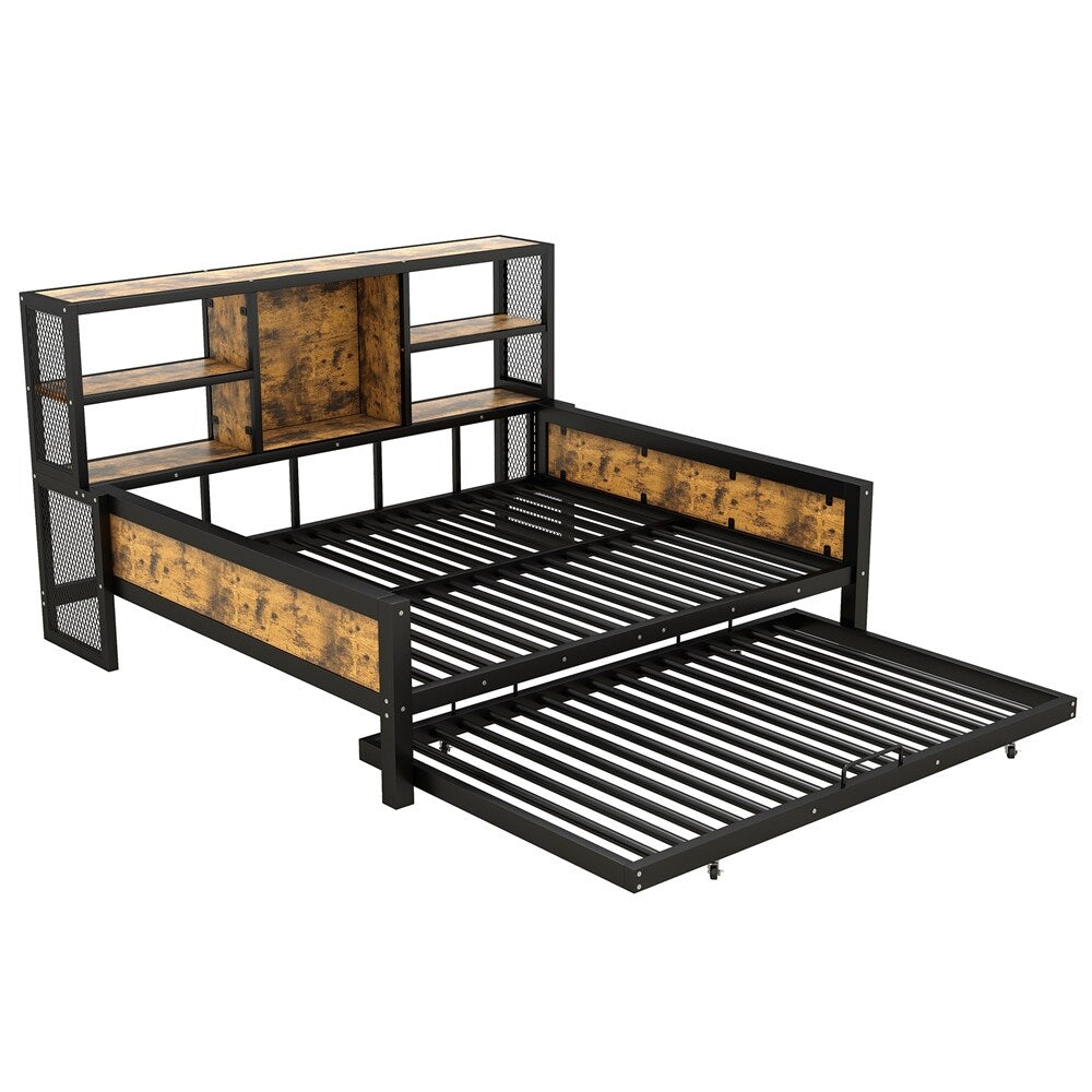 Full Size Metal Cabin Daybed with Storage Shelves and Trundle
