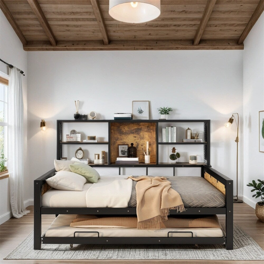 Full Size Metal Cabin Daybed with Storage Shelves and Trundle