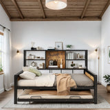 Full Size Metal Cabin Daybed with Storage Shelves and Trundle