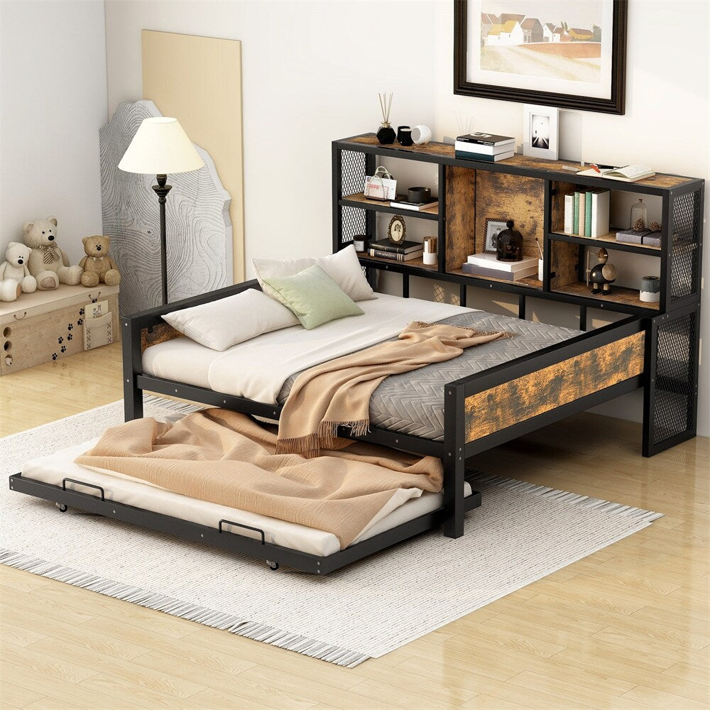Full Size Metal Cabin Daybed with Storage Shelves and Trundle