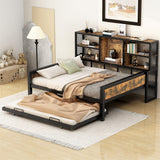 Full Size Metal Cabin Daybed with Storage Shelves and Trundle