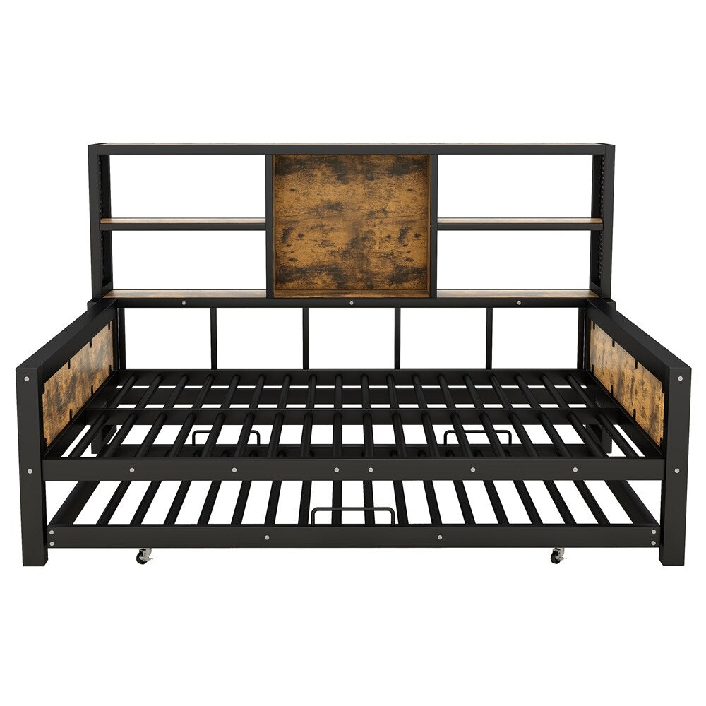 Full Size Metal Cabin Daybed with Storage Shelves and Trundle