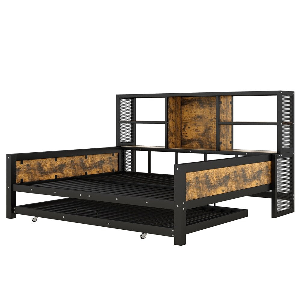 Full Size Metal Cabin Daybed with Storage Shelves and Trundle