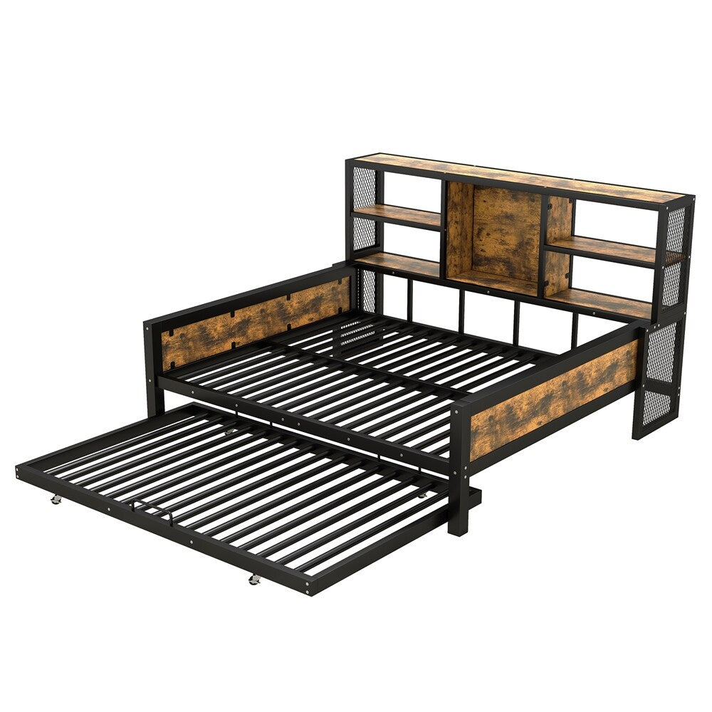 Full Size Metal Cabin Daybed with Storage Shelves and Trundle