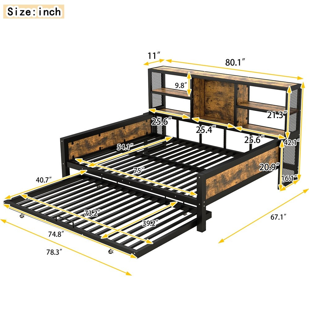 Full Size Metal Cabin Daybed with Storage Shelves and Trundle