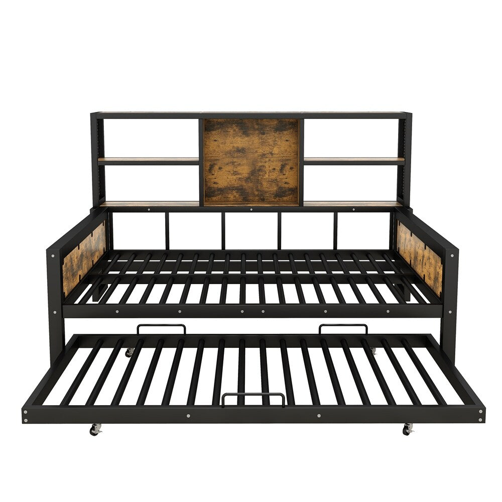 Full Size Metal Cabin Daybed with Storage Shelves and Trundle