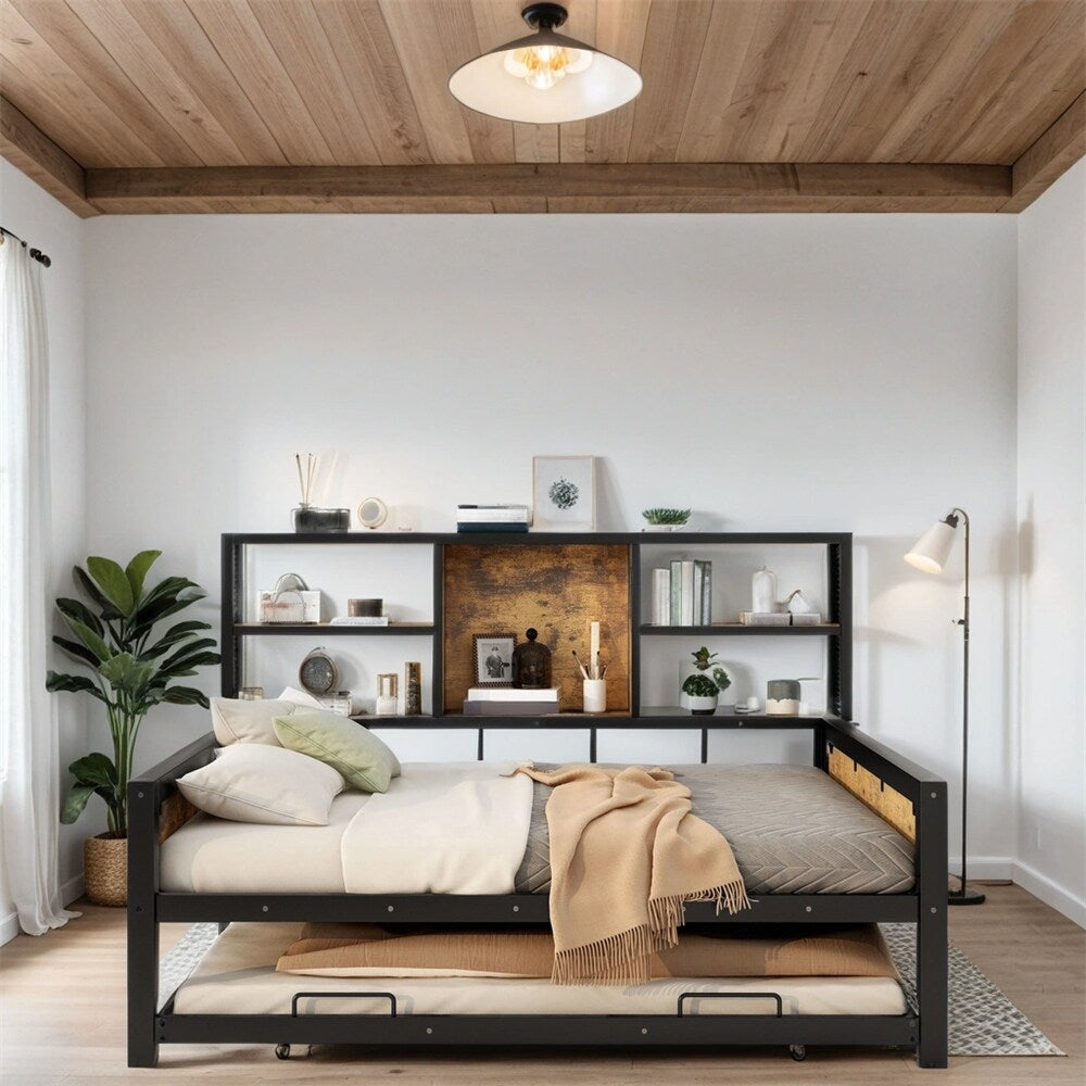 Full Size Metal Cabin Daybed with Storage Shelves and Trundle
