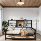 Full Size Metal Cabin Daybed with Storage Shelves and Trundle