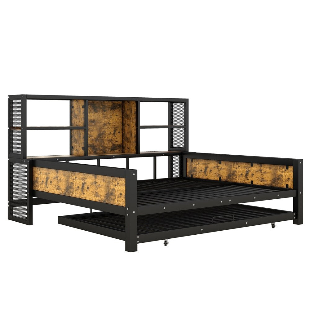 Full Size Metal Cabin Daybed with Storage Shelves and Trundle