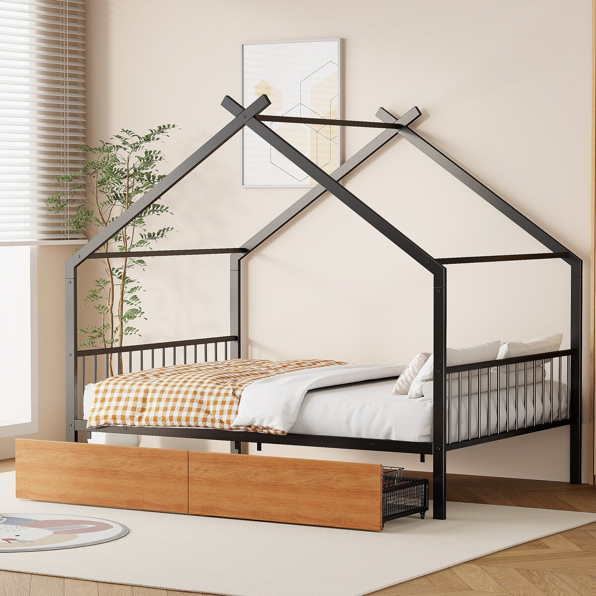 Full Size Metal House Bed with Two Drawers