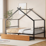 Full Size Metal House Bed with Two Drawers