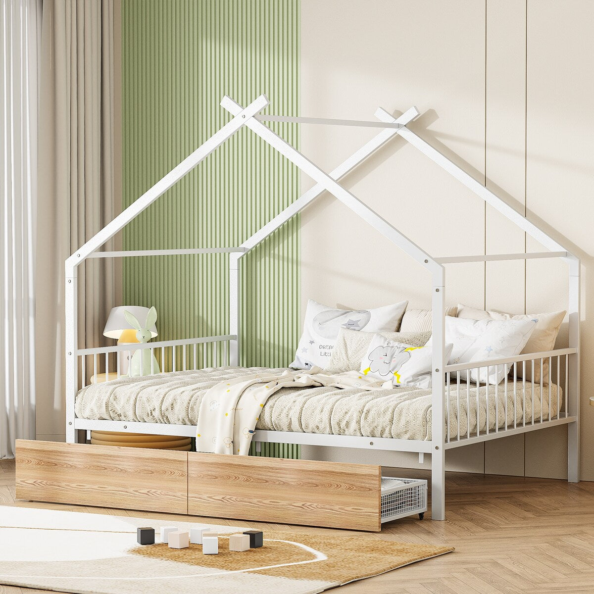 Full Size Metal House Bed with Two Drawers