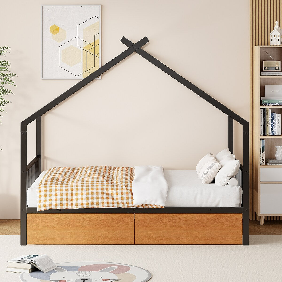 Full Size Metal House Bed with Two Drawers