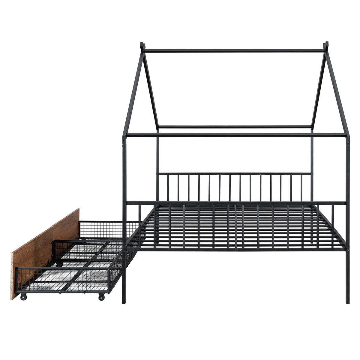 Full Size Metal House Bed with Two Drawers