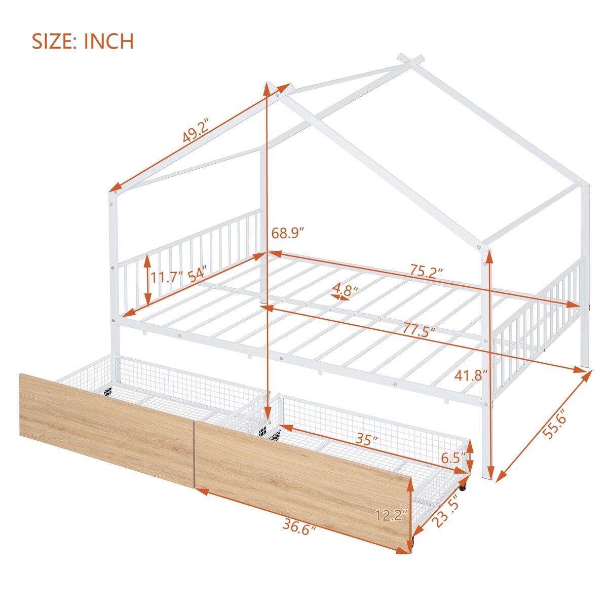 Full Size Metal House Bed with Two Drawers