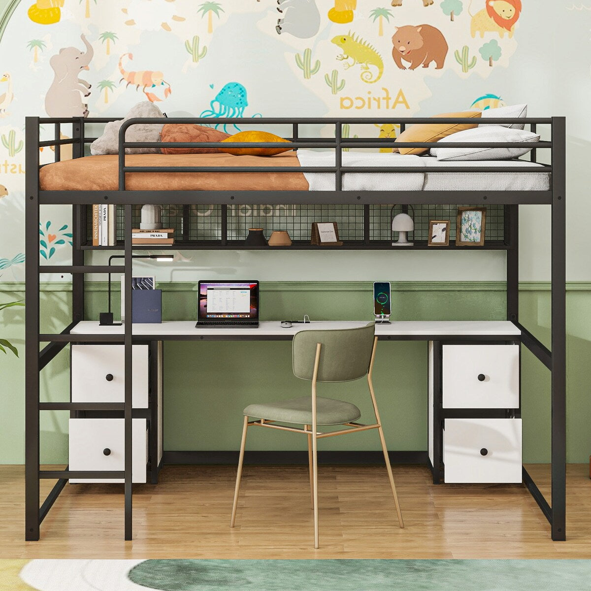 Full Size Metal Loft Bed with Desk, Drawers and Bedside Tray, Charging Station, USB and socket, Easy to Assemble