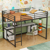 Full Size Metal Loft Bed with Desk, Drawers and Bedside Tray, Charging Station, USB and socket, Easy to Assemble