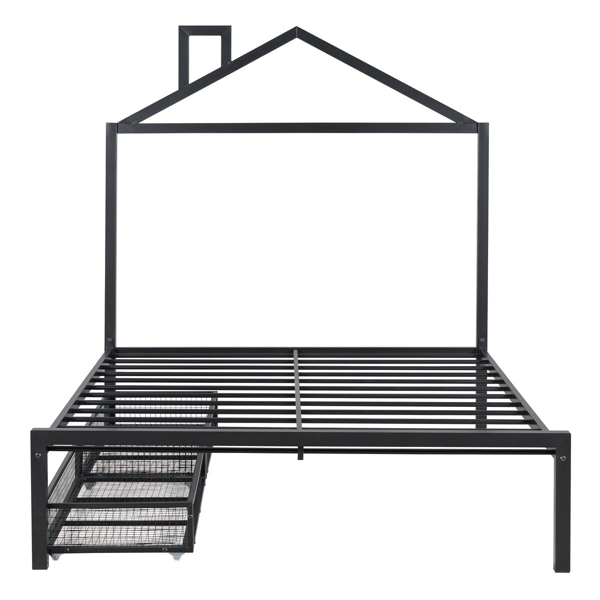 Full Size Metal Platform Bed,House-Shaped Headboard Design,two drawers,Black