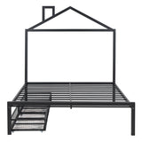 Full Size Metal Platform Bed,House-Shaped Headboard Design,two drawers,Black
