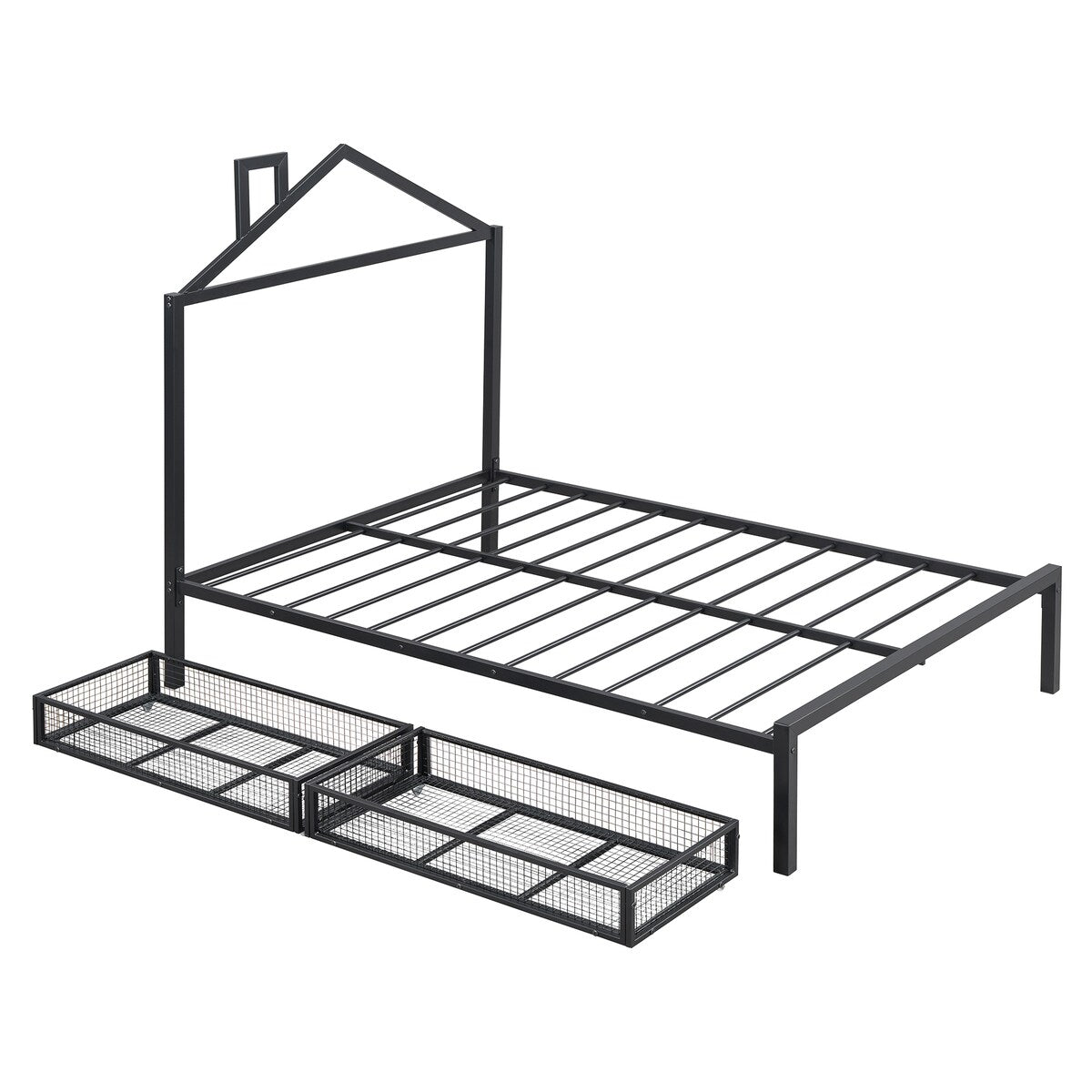 Full Size Metal Platform Bed,House-Shaped Headboard Design,two drawers,Black
