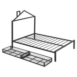 Full Size Metal Platform Bed,House-Shaped Headboard Design,two drawers,Black