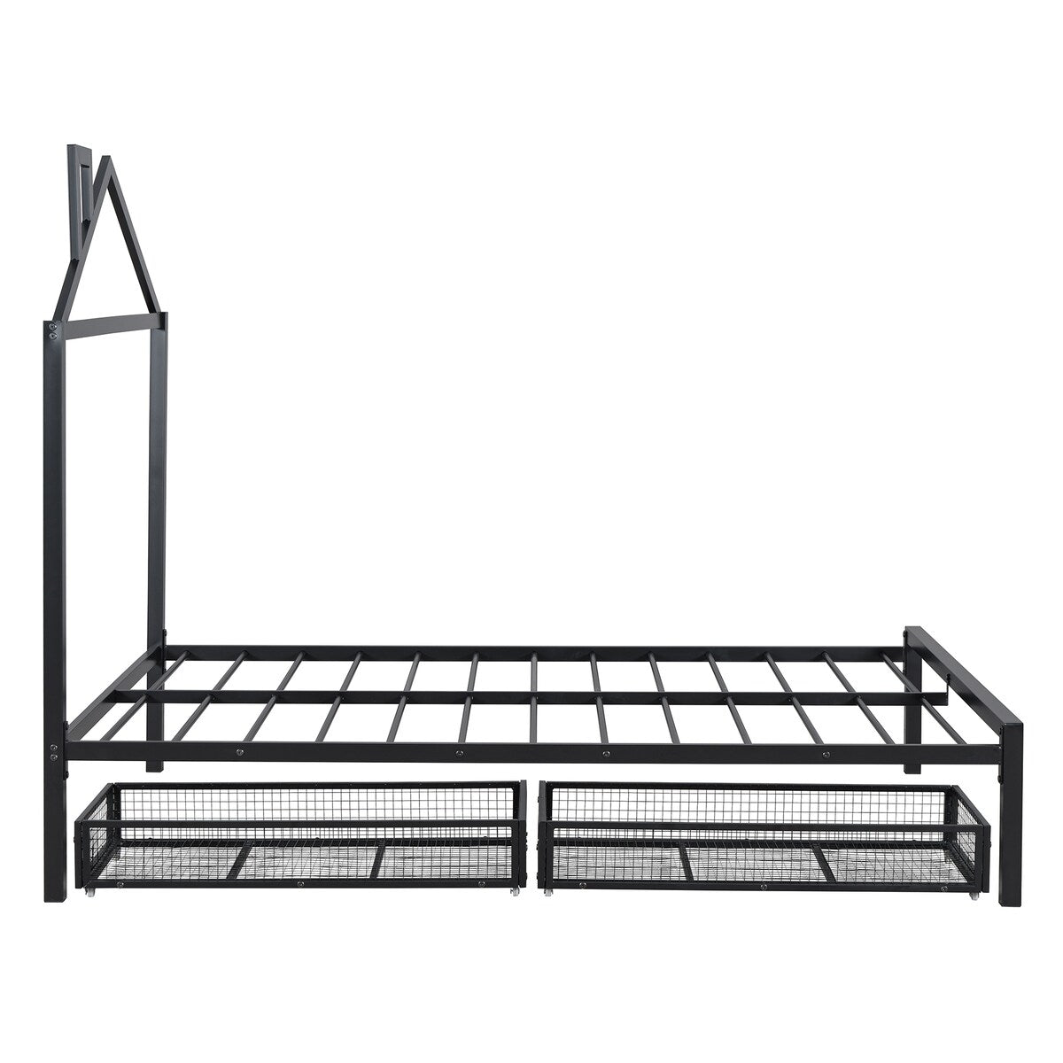 Full Size Metal Platform Bed,House-Shaped Headboard Design,two drawers,Black