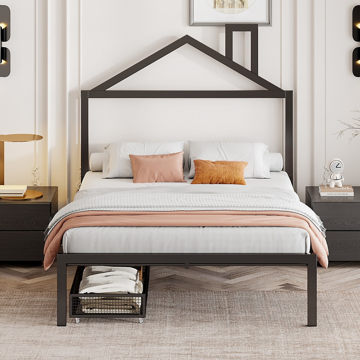 Full Size Metal Platform Bed,House-Shaped Headboard Design,two drawers,Black