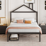 Full Size Metal Platform Bed,House-Shaped Headboard Design,two drawers,Black
