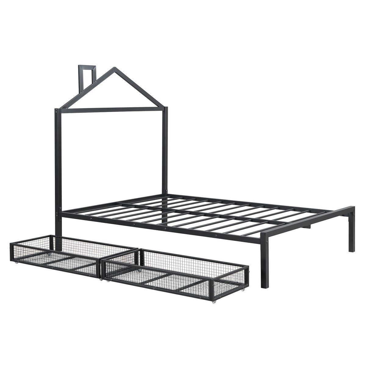 Full Size Metal Platform Bed,House-Shaped Headboard Design,two drawers,Black