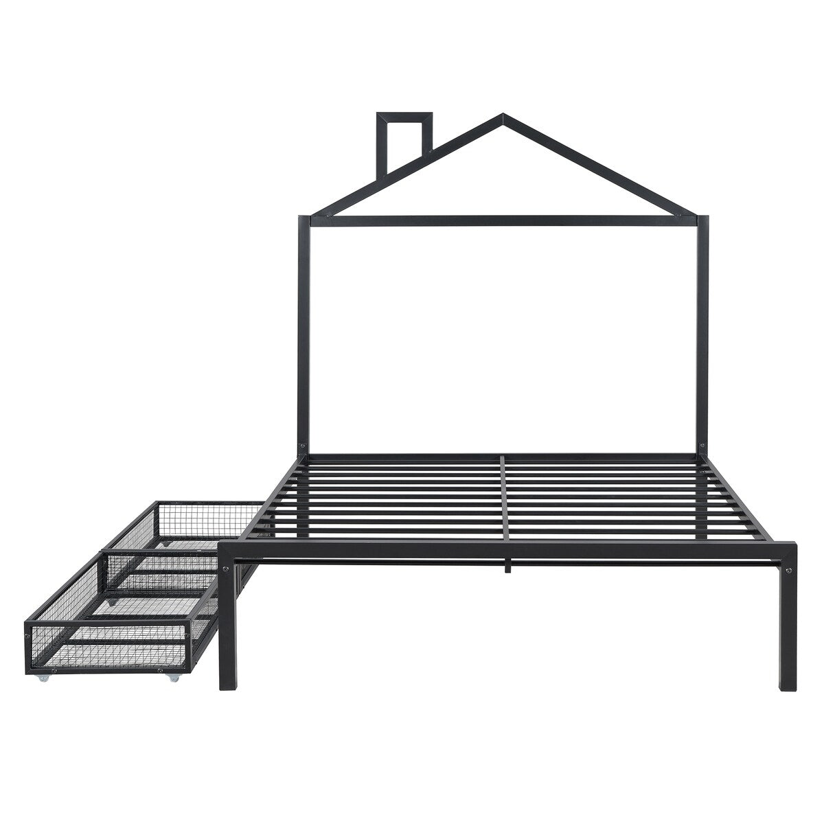 Full Size Metal Platform Bed,House-Shaped Headboard Design,two drawers,Black