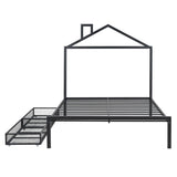 Full Size Metal Platform Bed,House-Shaped Headboard Design,two drawers,Black