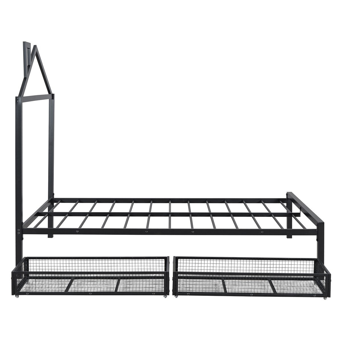 Full Size Metal Platform Bed,House-Shaped Headboard Design,two drawers,Black