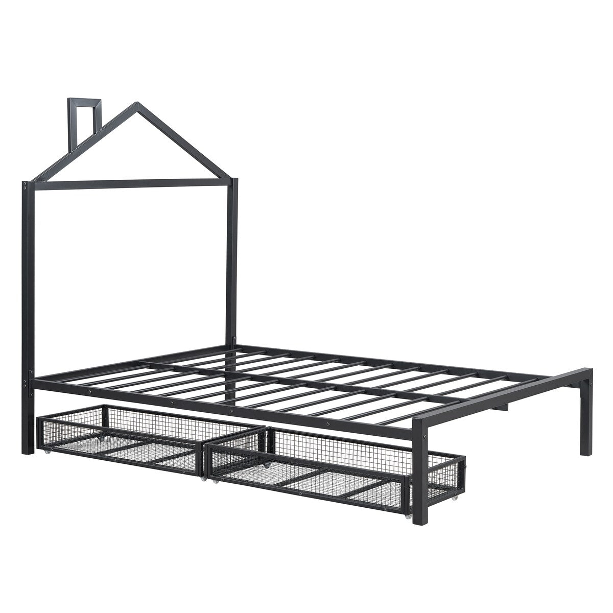 Full Size Metal Platform Bed,House-Shaped Headboard Design,two drawers,Black