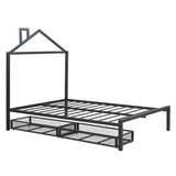 Full Size Metal Platform Bed,House-Shaped Headboard Design,two drawers,Black