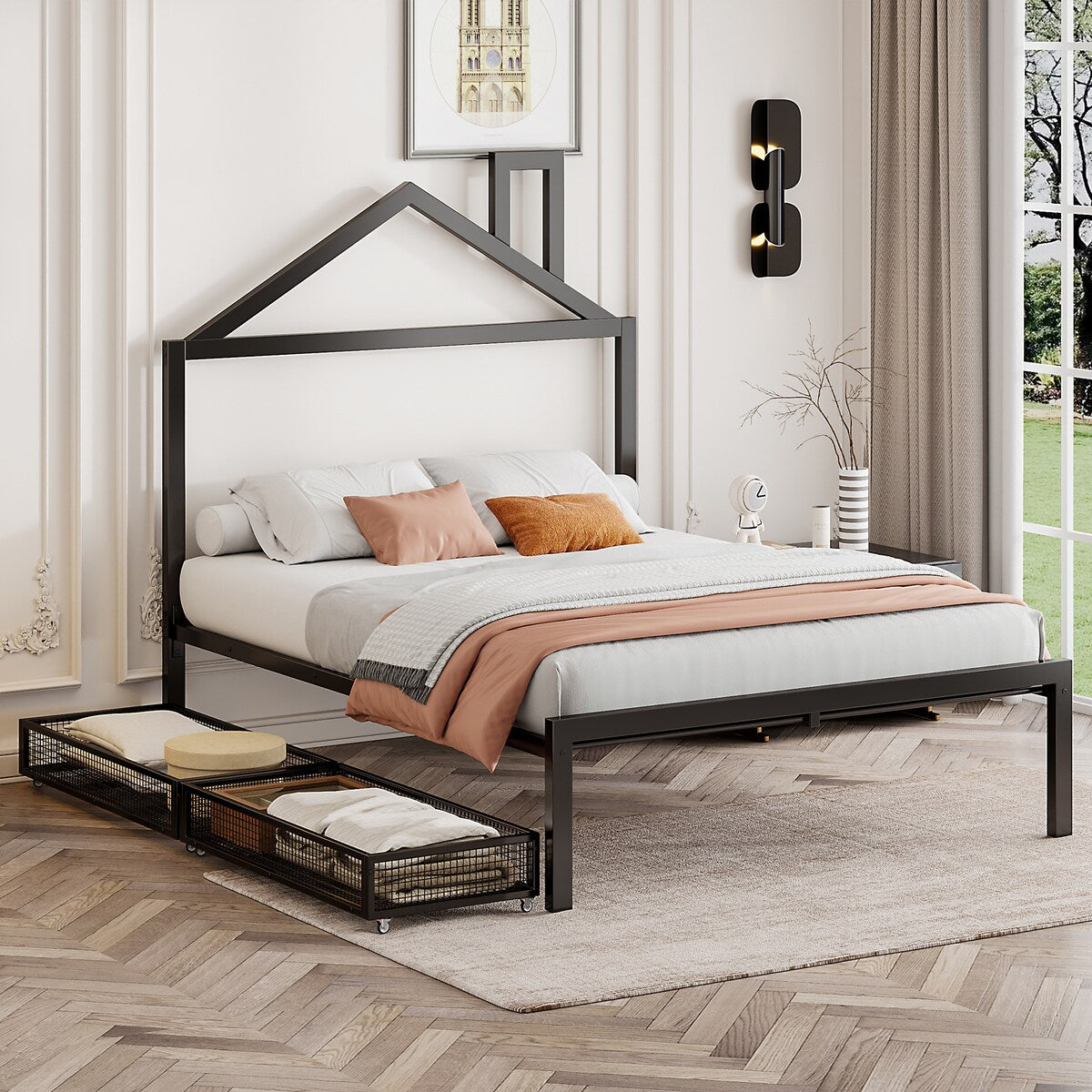 Full Size Metal Platform Bed,House-Shaped Headboard Design,two drawers,Black