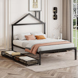Full Size Metal Platform Bed,House-Shaped Headboard Design,two drawers,Black