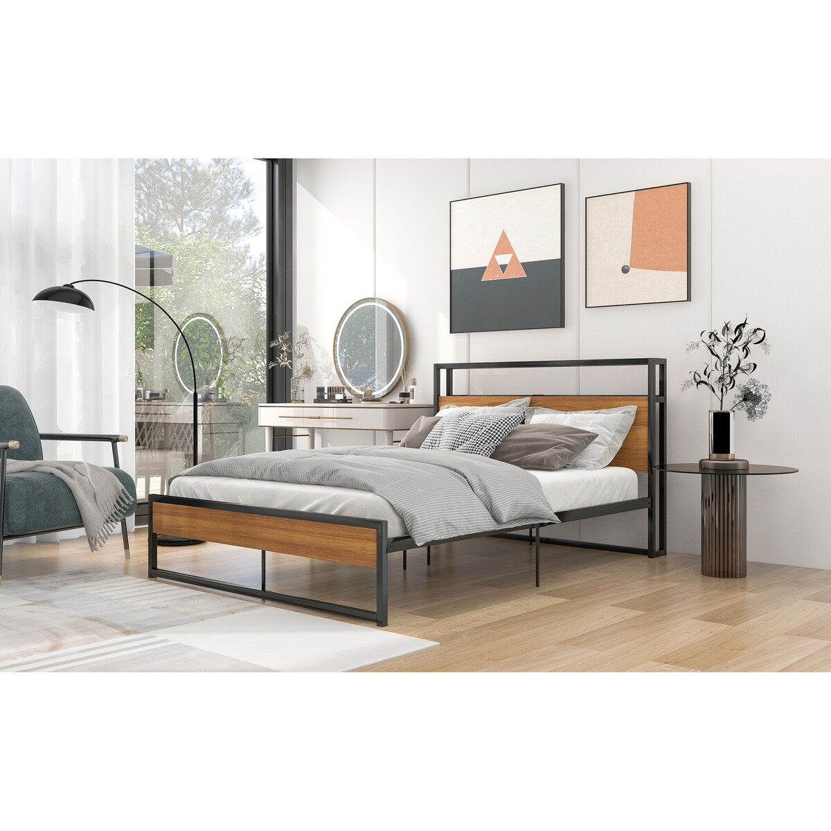 Full Size Metal and Wood Platform Bed Frame with Sockets, USB Ports and Wood Headboard