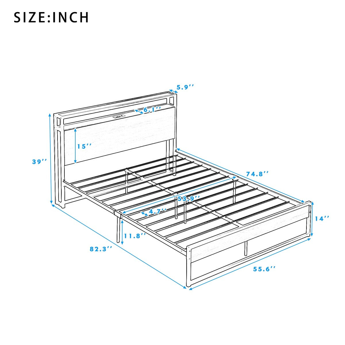 Full Size Metal and Wood Platform Bed Frame with Sockets, USB Ports and Wood Headboard