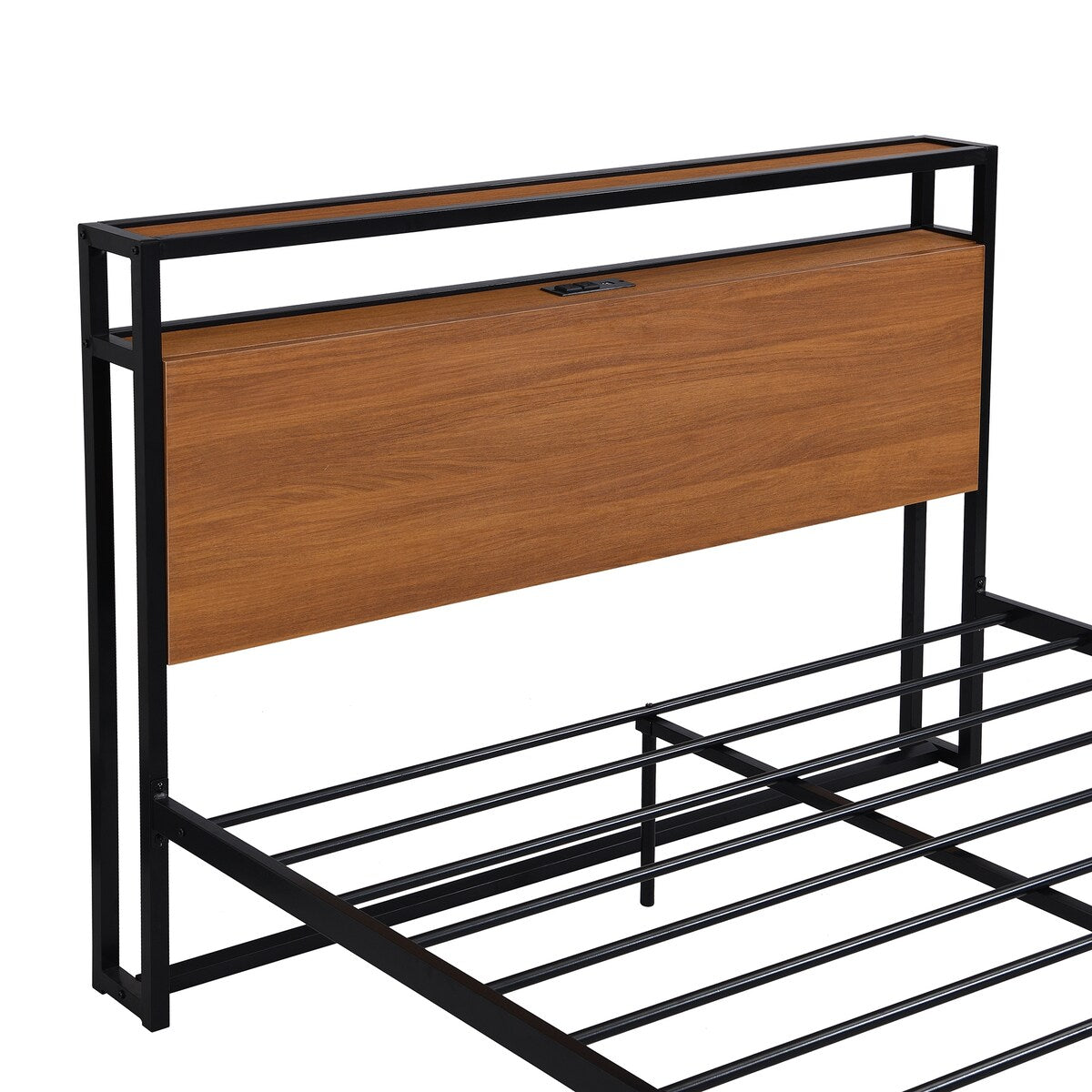 Full Size Metal and Wood Platform Bed Frame with Sockets, USB Ports and Wood Headboard
