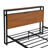 Full Size Metal and Wood Platform Bed Frame with Sockets, USB Ports and Wood Headboard