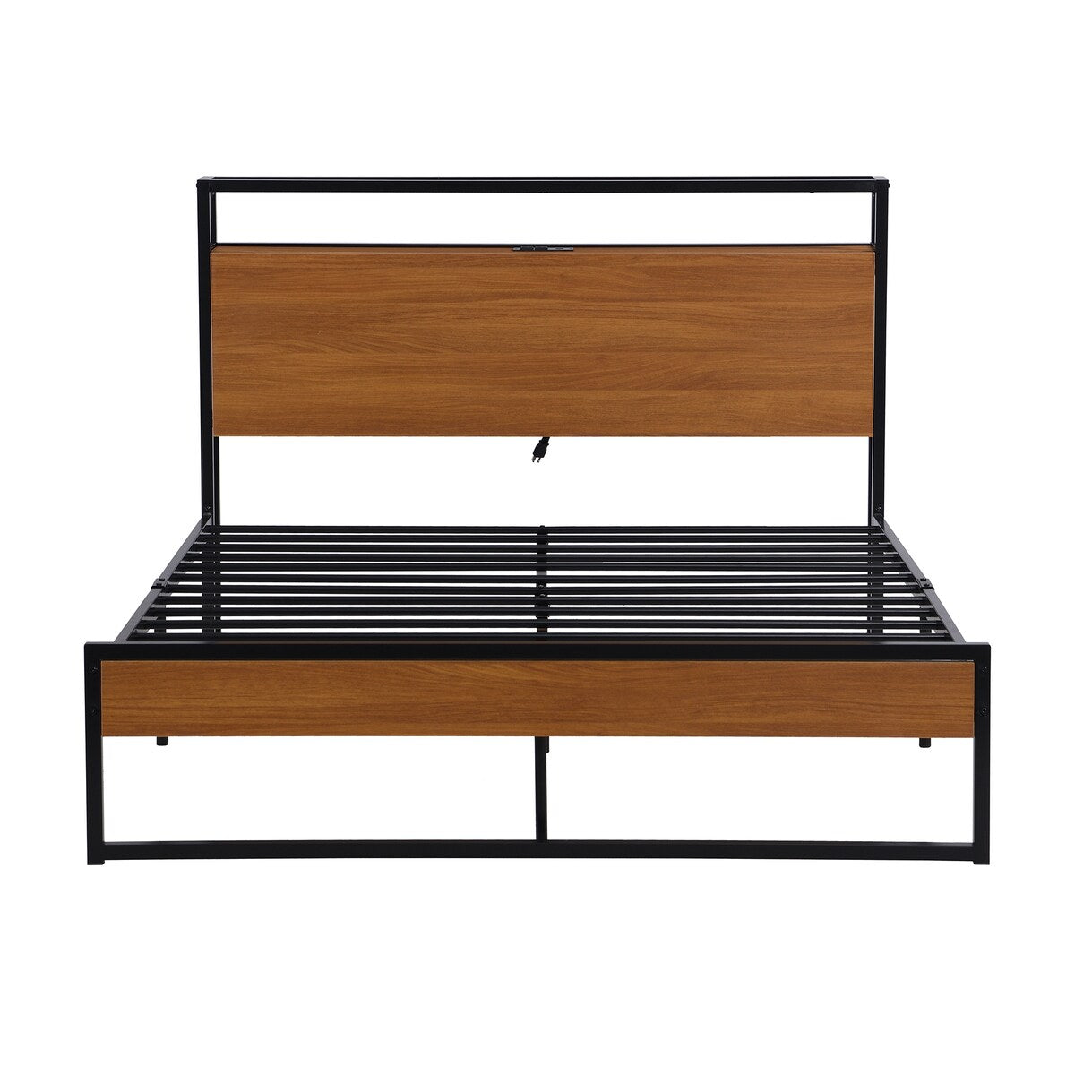 Full Size Metal and Wood Platform Bed Frame with Sockets, USB Ports and Wood Headboard