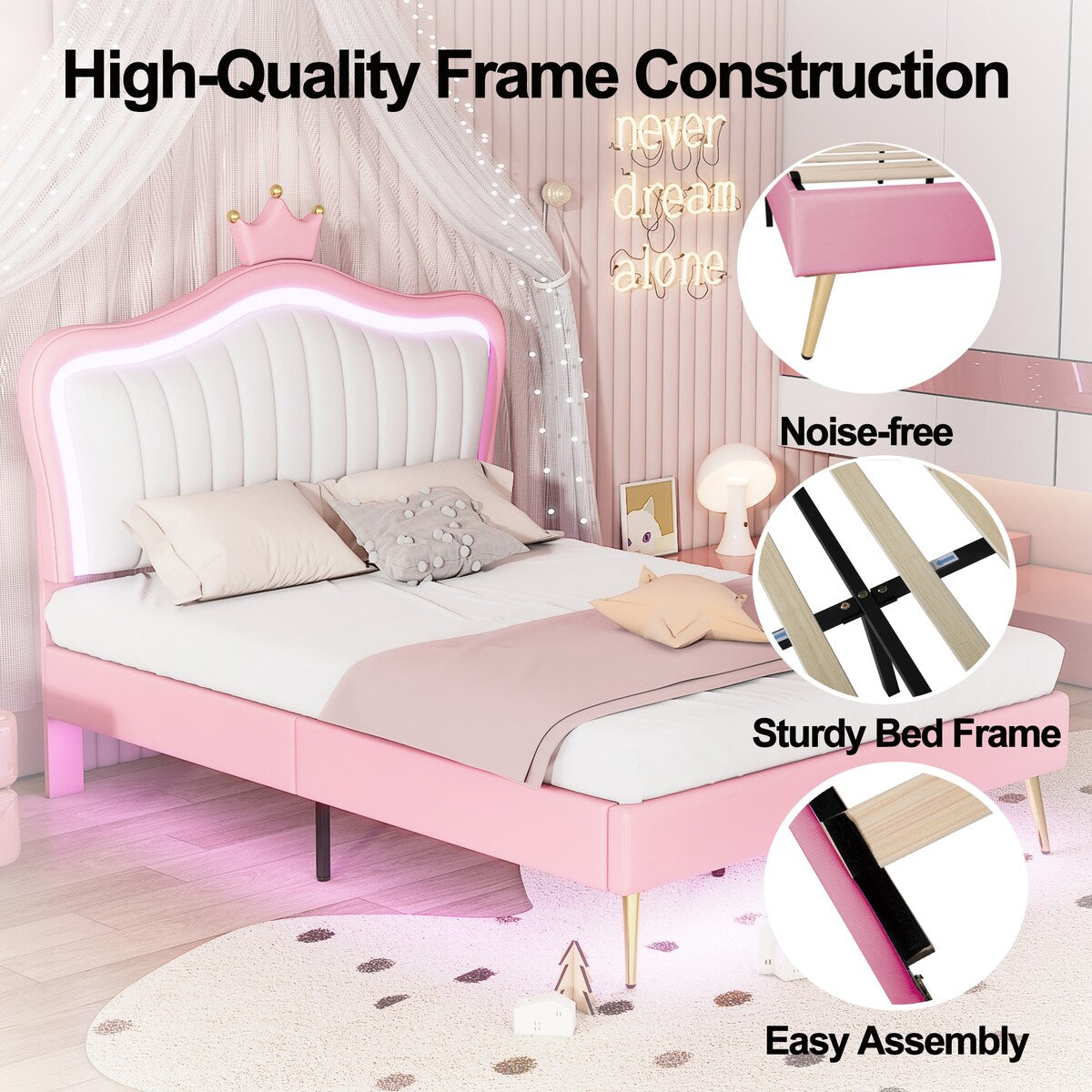 Full/Queen Size Modern Upholstered Princess Bed With Crown Headboard And LED Lights