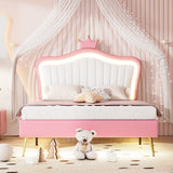 Full/Queen Size Modern Upholstered Princess Bed With Crown Headboard And LED Lights